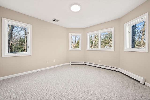 unfurnished room with carpet floors and baseboard heating