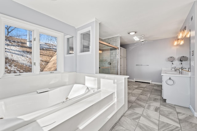 bathroom featuring ceiling fan, a baseboard heating unit, vanity, and shower with separate bathtub