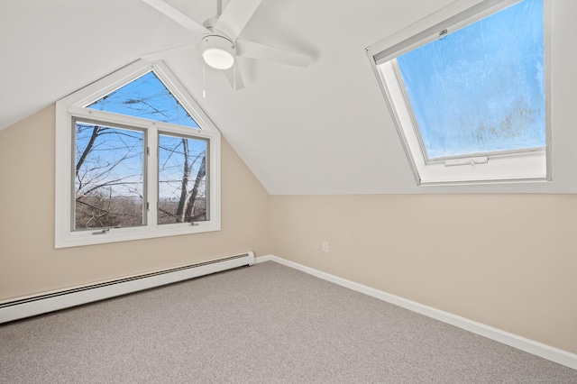 bonus room with ceiling fan, a baseboard radiator, carpet flooring, and vaulted ceiling