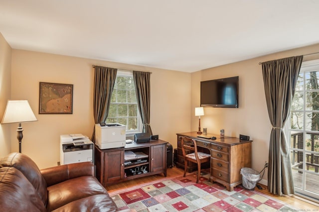 home office featuring a healthy amount of sunlight and hardwood / wood-style flooring