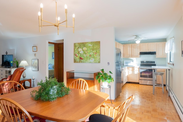 dining room featuring ceiling fan with notable chandelier, baseboard heating, and light parquet flooring