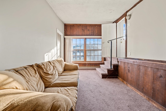 living room with carpet flooring, a textured ceiling, baseboard heating, and wooden walls