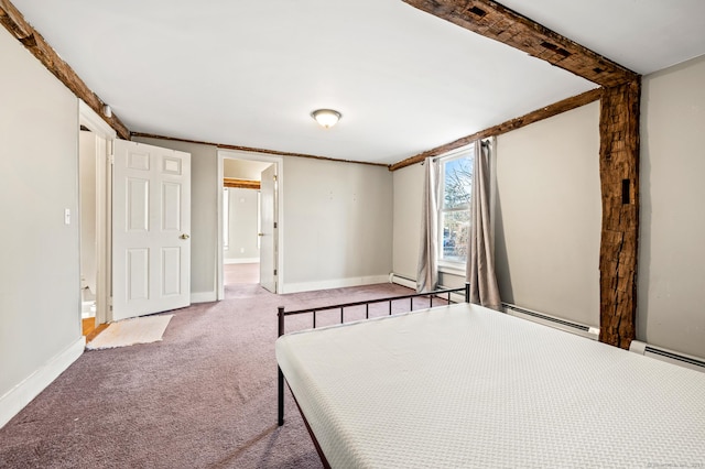 unfurnished bedroom with light colored carpet and a baseboard heating unit