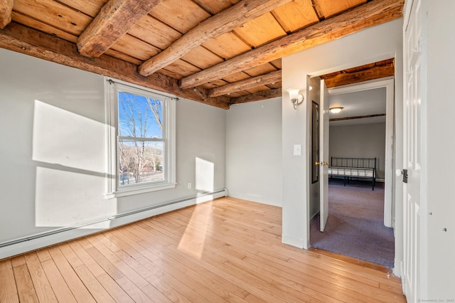 empty room featuring beam ceiling, wooden ceiling, light hardwood / wood-style flooring, and a baseboard heating unit