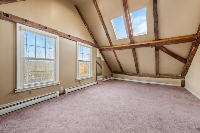 bonus room featuring carpet, baseboard heating, high vaulted ceiling, and a skylight