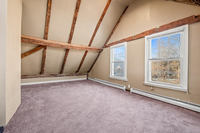 bonus room featuring carpet flooring, beam ceiling, and a baseboard heating unit