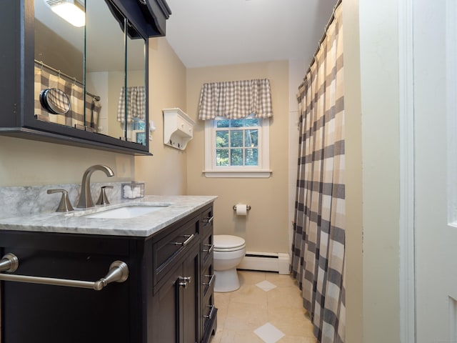 bathroom featuring tile patterned floors, a baseboard heating unit, vanity, a shower with curtain, and toilet