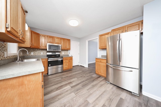 kitchen featuring backsplash, sink, light hardwood / wood-style flooring, and appliances with stainless steel finishes