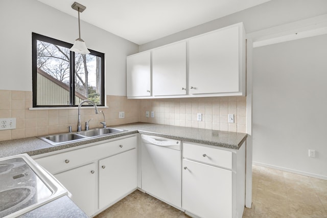 kitchen with white cabinetry, sink, white dishwasher, and decorative light fixtures