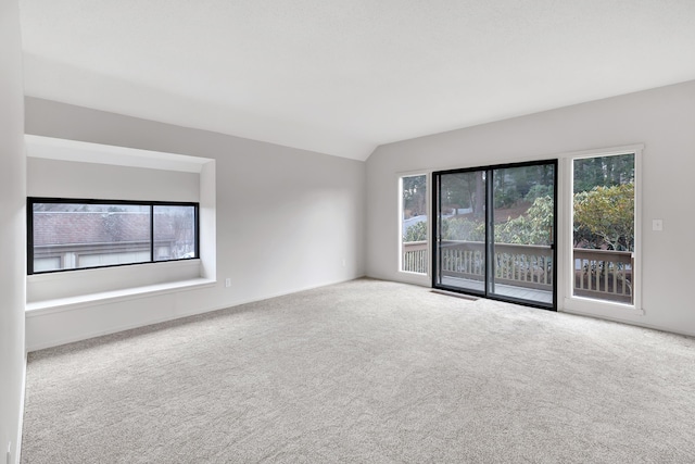 unfurnished room with carpet, vaulted ceiling, and a wealth of natural light