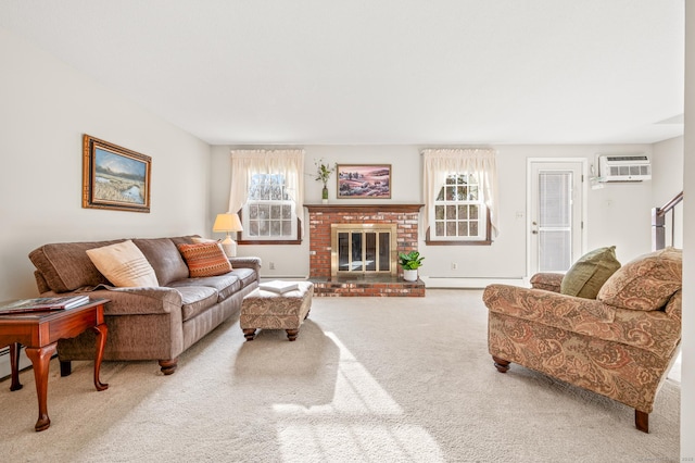 living room with carpet, an AC wall unit, a fireplace, and baseboard heating