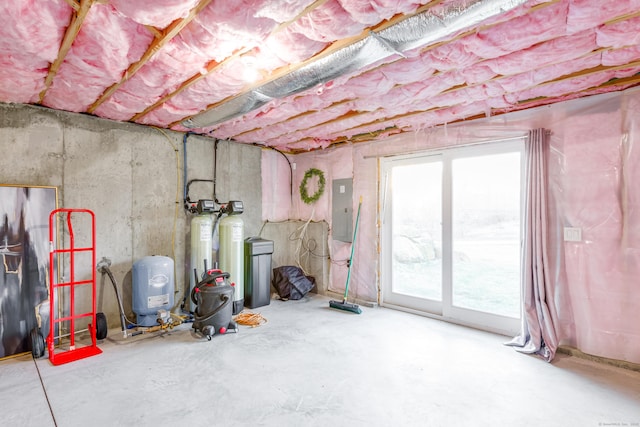 basement with electric panel and a wealth of natural light