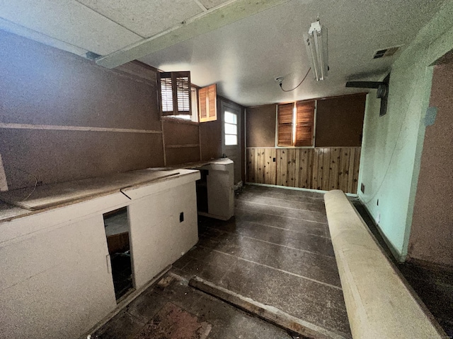 basement featuring wooden walls