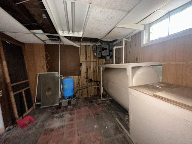 basement featuring wood walls and dark hardwood / wood-style floors