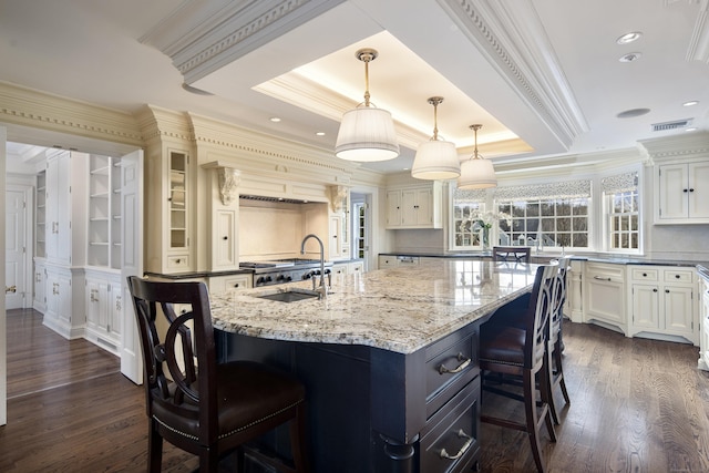 kitchen featuring sink, hanging light fixtures, ornamental molding, and a spacious island