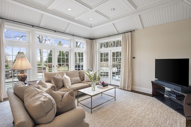 39 Keelers Ridge Rd, Wilton, CT 06897 - living room with beam ceiling, french doors, baseboards, wood finished floors, and coffered ceiling