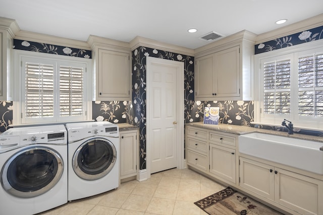 39 Keelers Ridge Rd, Wilton, CT 06897 - washroom featuring visible vents, washing machine and dryer, cabinet space, a sink, and wallpapered walls