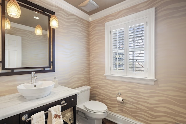 39 Keelers Ridge Rd, Wilton, CT 06897 - half bath with crown molding, toilet, wallpapered walls, and vanity