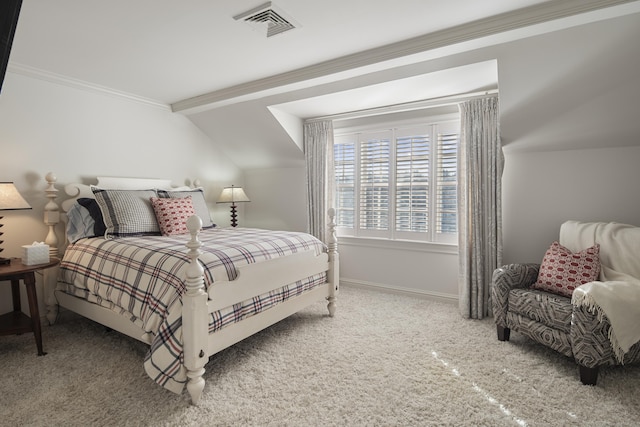 bedroom with carpet flooring, crown molding, and lofted ceiling