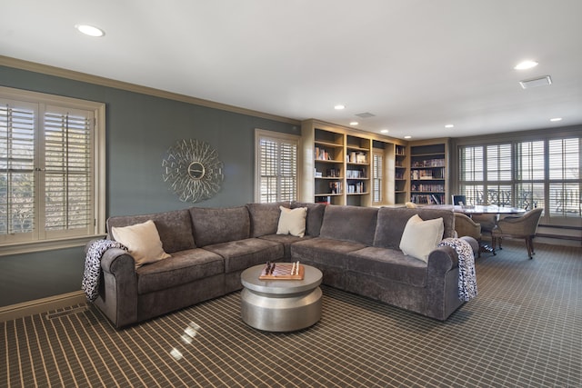 living room with crown molding