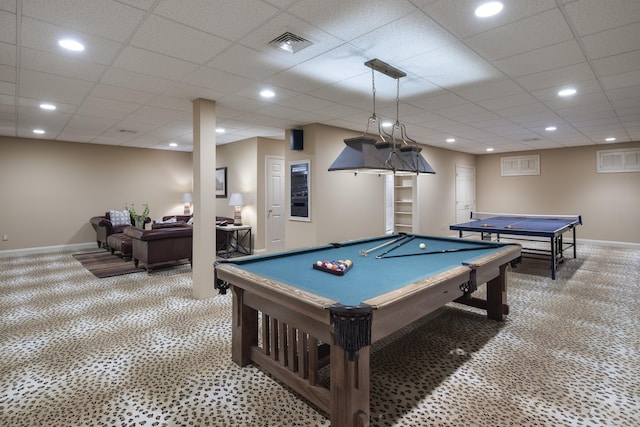 recreation room featuring carpet and billiards