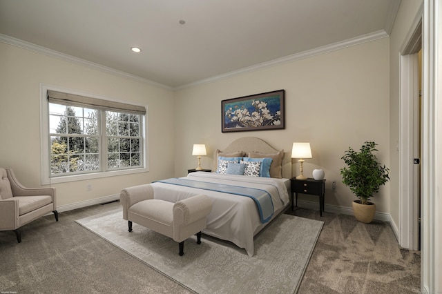 carpeted bedroom with crown molding