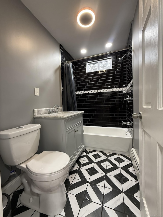 full bathroom featuring baseboard heating, tile patterned floors, toilet, shower / tub combo with curtain, and vanity