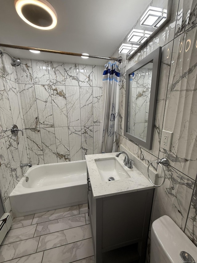 full bathroom featuring vanity, shower / bath combo, a baseboard heating unit, toilet, and tile walls