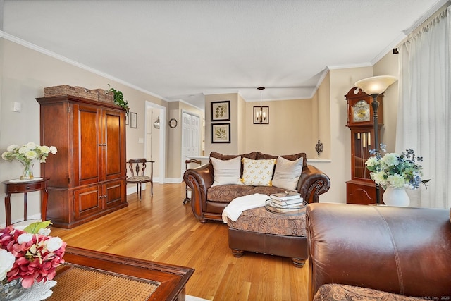 living room with light hardwood / wood-style floors and crown molding