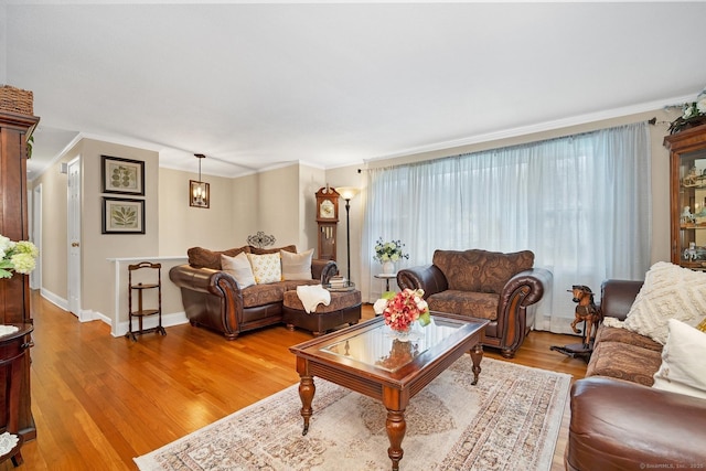 living room featuring light hardwood / wood-style floors, crown molding, and a notable chandelier