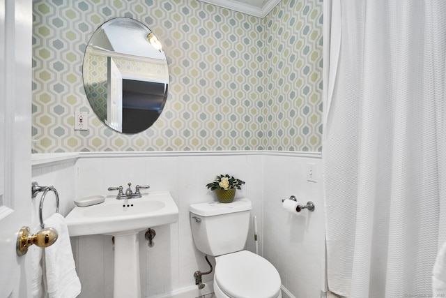 bathroom with sink, ornamental molding, wood walls, toilet, and a shower with shower curtain