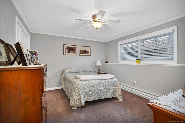 carpeted bedroom featuring ceiling fan, ornamental molding, and baseboard heating