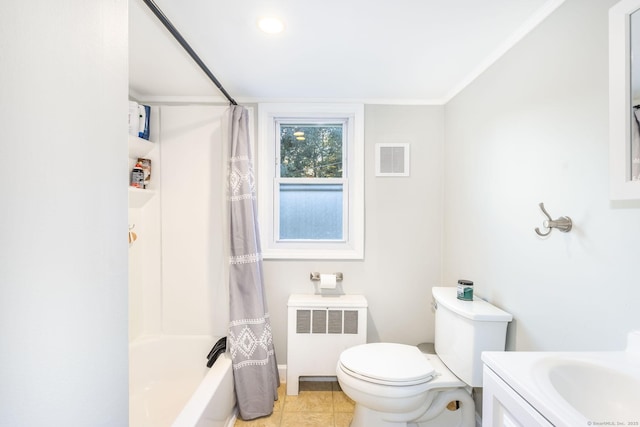 full bathroom featuring toilet, tile patterned floors, shower / bathtub combination with curtain, radiator heating unit, and vanity