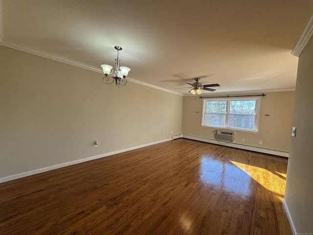 spare room with dark hardwood / wood-style floors, ornamental molding, ceiling fan with notable chandelier, and a wall unit AC