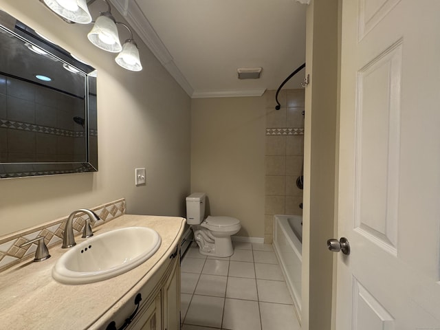 full bathroom with vanity, tile patterned floors, tiled shower / bath combo, toilet, and ornamental molding