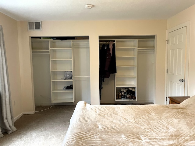 unfurnished bedroom featuring carpet flooring and two closets