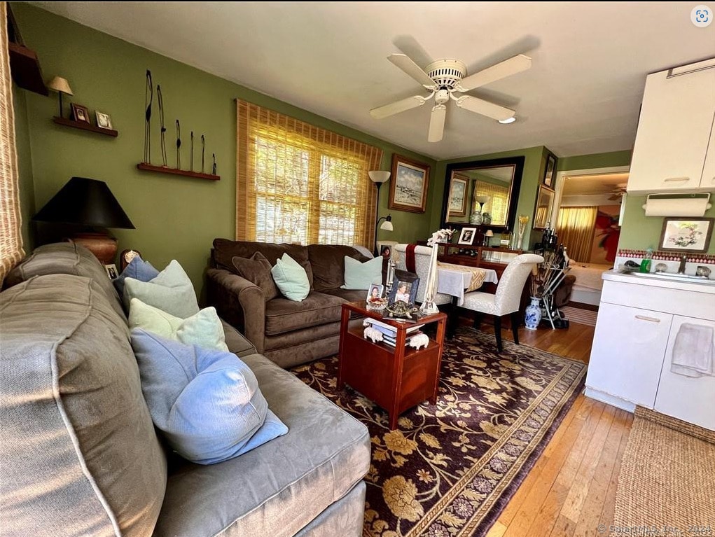 living room featuring washer / clothes dryer, ceiling fan, and wood-type flooring