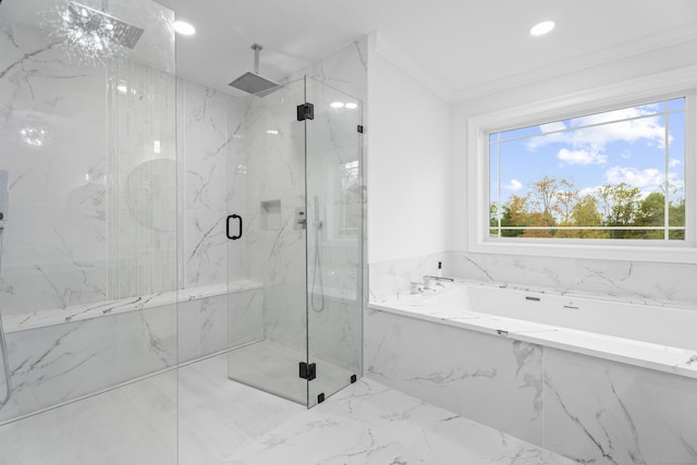 bathroom featuring independent shower and bath and ornamental molding