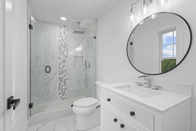 bathroom with vanity, toilet, walk in shower, and ornamental molding