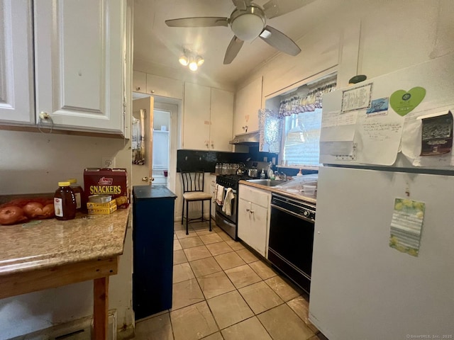 kitchen featuring white cabinets, white refrigerator, range with electric cooktop, light tile patterned floors, and black dishwasher