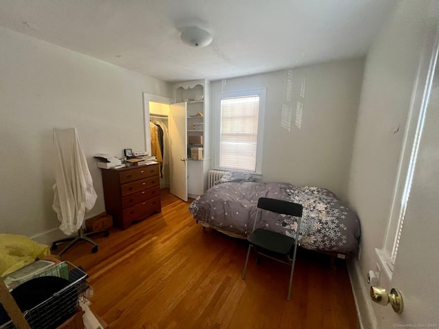 bedroom featuring a walk in closet, a closet, wood-type flooring, and radiator heating unit