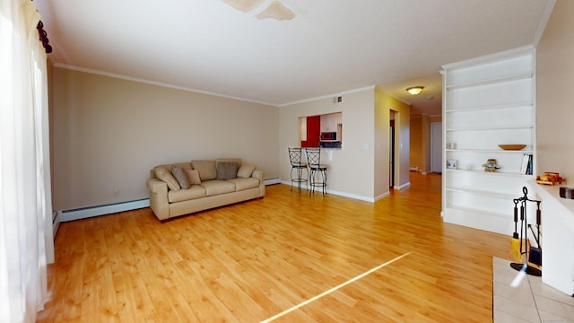 unfurnished living room featuring wood-type flooring, a baseboard radiator, and crown molding