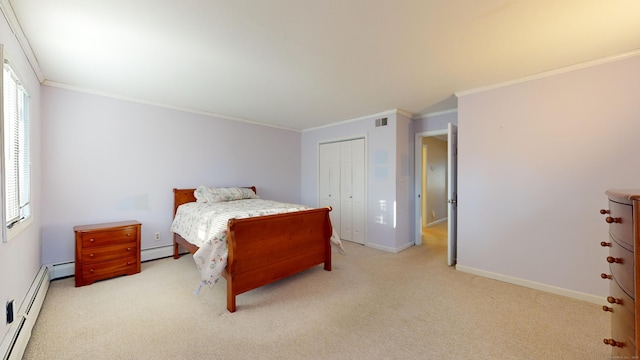 carpeted bedroom featuring multiple windows, a closet, ornamental molding, and a baseboard heating unit