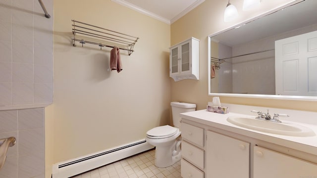 bathroom featuring ornamental molding, vanity, a shower, a baseboard radiator, and toilet