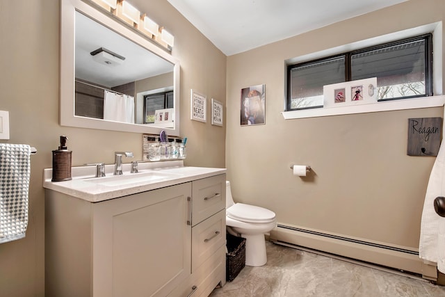 bathroom with a shower with shower curtain, vanity, toilet, and a baseboard radiator