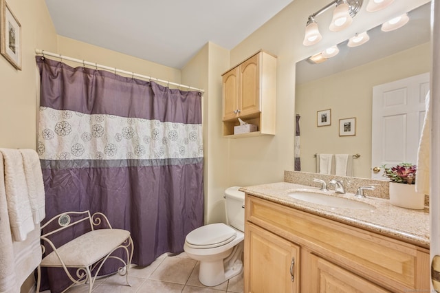 bathroom with tile patterned flooring, vanity, toilet, and curtained shower