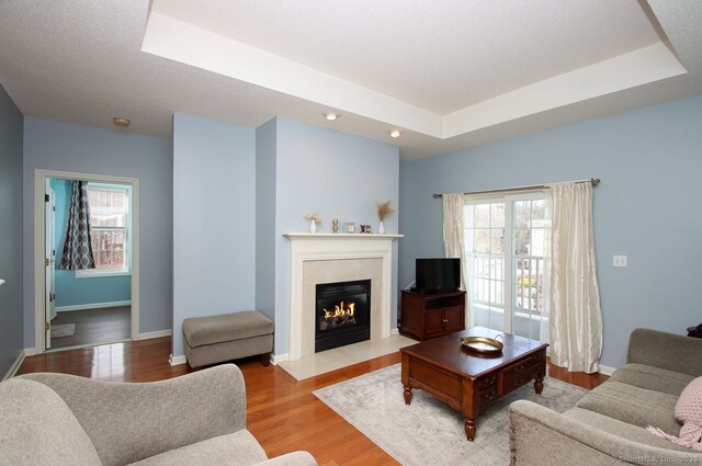 living room featuring a tray ceiling and light hardwood / wood-style flooring