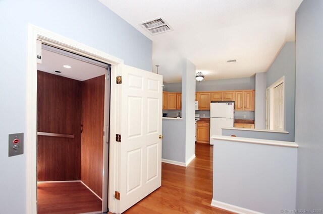 hallway with light hardwood / wood-style floors and elevator