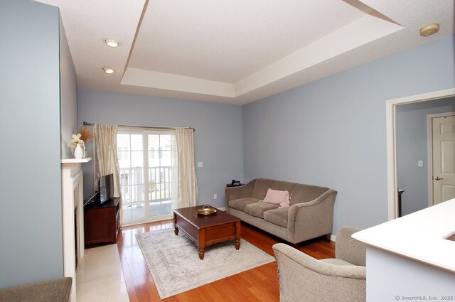 living room with a tray ceiling and light hardwood / wood-style flooring