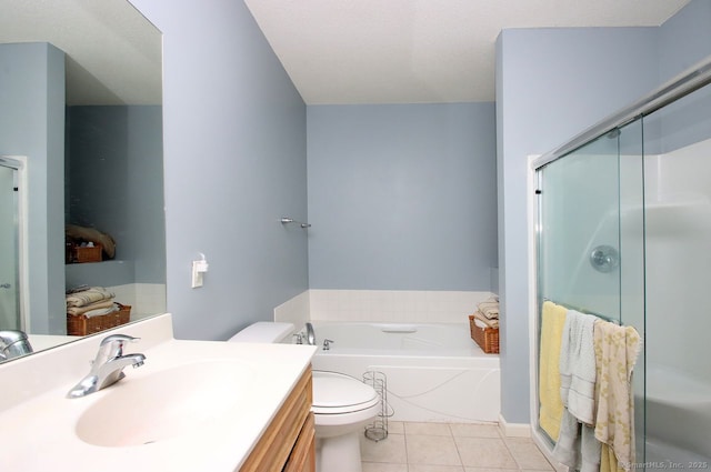 full bathroom with tile patterned flooring, vanity, toilet, and plus walk in shower